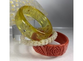 Three Vintage Bangles Lucite, Celluloid And Beaded Fresh Water Pearls