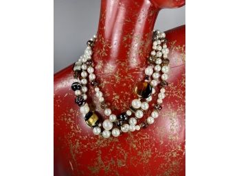 'Lavishly Luxe' Vintage Venetian Glass And Faux Pearls Three Tiered Necklace With Crystal Sphere Clasp