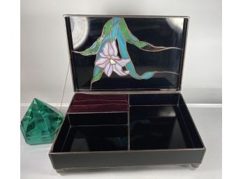 Deco Style Stained Glass With Iris Jewelry Box - Signed