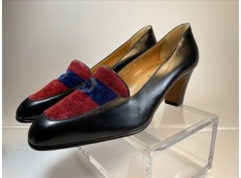 Roberta Di Camerino Size 6.5 Black, Blue And Burgundy Stacked Heel Loafers