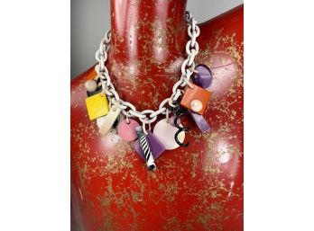 The Big 80's Defined Metal With White Enamel Chain Collar Necklace With Lucite Charms
