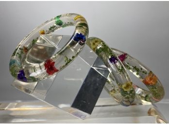 Three Vintage Lucite And Dried Flower Bangle Bracelets
