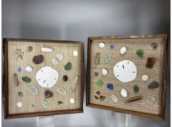 Pair Of Wall Hanging Sea Glass And Shell Mosaics On Linen, In Wood Frames