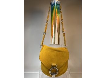 Unused Vintage Mustard Yellow Suede Shoulder Bag With Silver Hardware