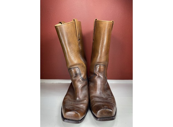 Vintage, Men, Fry Brown Leather Square Toe Campus Or Harness Style Boots Size 11.5