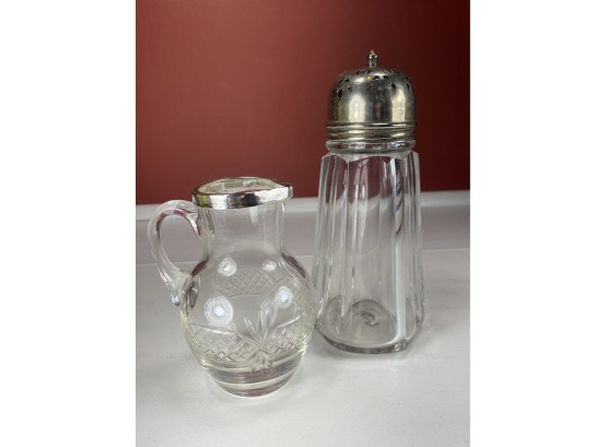 Glass And Sterling Silver Creamer And Glass And Silver Plated Sugar Shaker