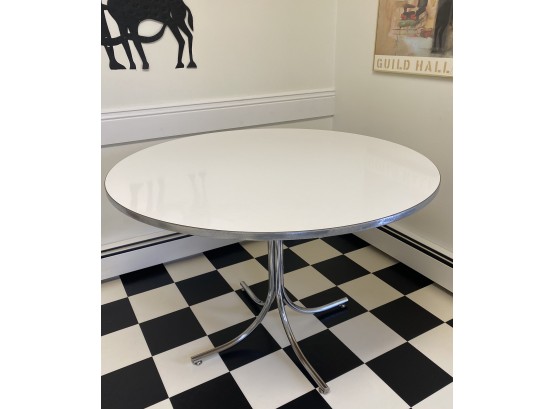 48' Round Vintage Modern White And Chrome Pedestal Table