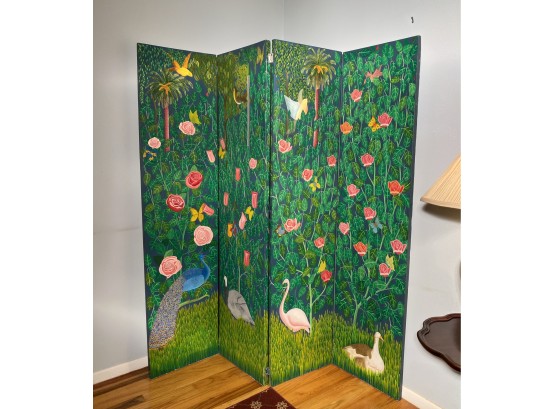 Oil On Board, Folding Screen With Birds, Flora And Fauna By Haitian Artist Raymond Surpris