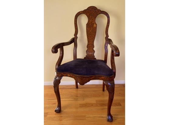 Claw And Ball Foot English William & Mary Walnut Arm Chair W/ Nouveau Style Inlay And Purple Ultra Suede Seat