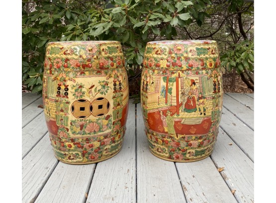 Pair Of Vintage Chinese Garden Stools In Ceramic - Oriental