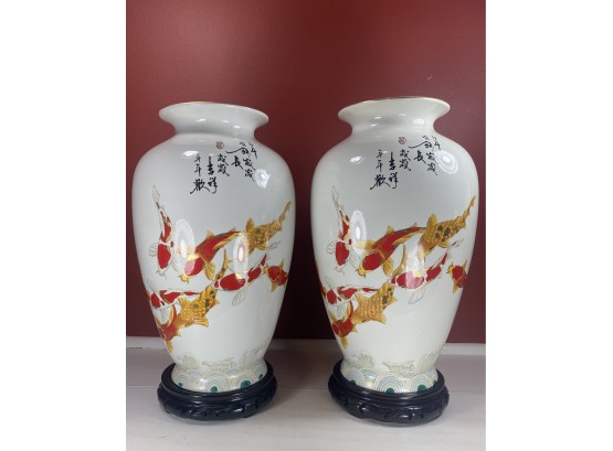 Two Tall Asian Ceramic Vases With Koi Fish And Waves On Wood Stand