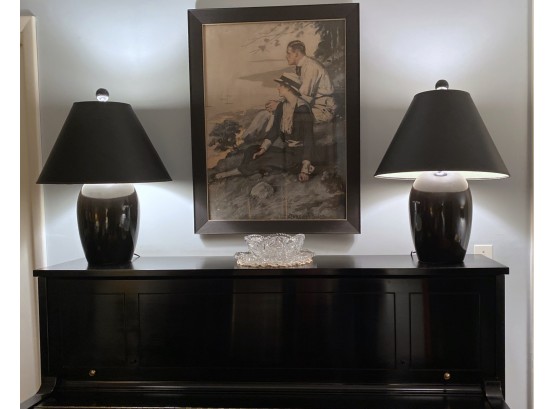 Pair Of Black Ceramic Lamps With Black Linen Shade