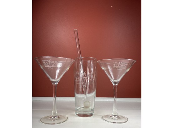 2003 Music Festival Of The Hamptons Martini Glasses, Mixer And Stirrer