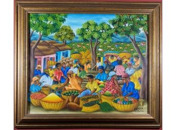Haitian Market Scene, Framed Oil On Canvas By Haitian Artist, Ed Jean