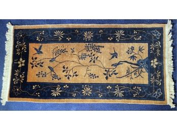 Wool Hand Knotted Blue Border And Tan Oriental Runner With Birds