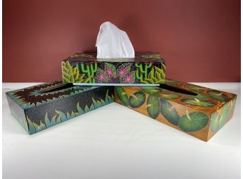 Three Hand Painted Tissue Box Covers From The Haitian Museum Of Art Signed