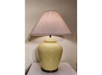 Yellow Glass With White Pleated Shade Lamp With Black Metal Base