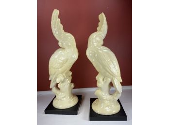 Pair Of Off White Ceramic Bird Figures With Tall Crown - Umbrella Cockatoo