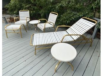 Brass Tone And White Outdoor Lounge Chair, Two Arm Chairs, Two Side Tables And An Ottoman