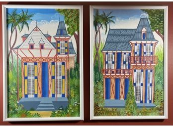 Pair Of Oil On Canvas Paintings Of Buildings And Landscape By Haitian Artist Joel Gautier