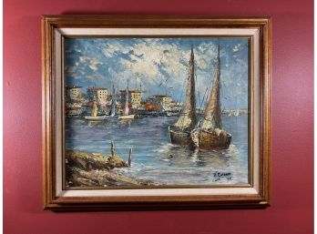 Italian Nautical Or Boat Scene Oil On Canvas In Frame By Artist V Cutaneo