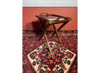 Bombay Style Wooden With Brass Accent Butlers Tray Top With Folding Base, Small Cocktail Or Tea Table