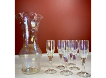 Vintage Carnival Iridescent Glass Sherry Glasses And Decanter