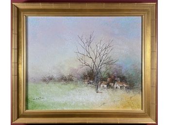 Painting In Gilded Frame Landscape Of Countryside With Small Homes And A Tree Signed W. Eaton