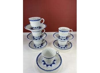 Six White And Blue Ceramic Chinese Rice Grain Ware - Tea Cups With Saucers