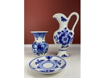 Pitcher, Plate And Bud Vase - Three Pieces Of Hand Painted Delfts Blue Holland Ceramics