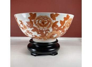 Large White And Red Floral Glazed Ceramic Bowl On Stand