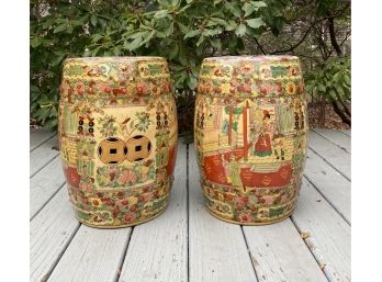 Pair Of Vintage Chinese Garden Stools In Ceramic - Oriental