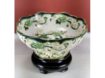 Mason's Patent Ironstone Chartreuse England Green Footed Serving Bowl With Gilt On Stand