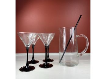 Four Black Glass Stem Martini Glasses With Pitcher And Black Glass Stirrer