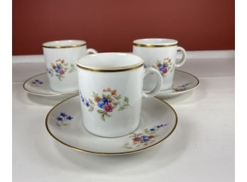Three Carolina Made In Poland Teac Cups And Saucers With Floral And Gold