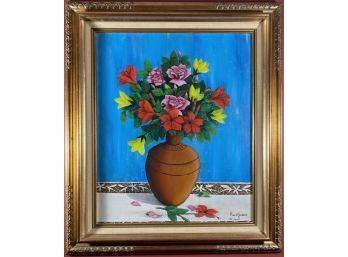 Painting - Oil On Canvas In Frame -  Still Life Of Vase With Flowers By Haitian Artist, Max H. Jerbier