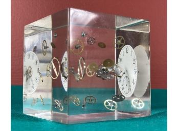 Vintage Mid Century Modern Lucite Cube With Floating Watch Parts Pieces