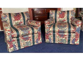 Matching Pair - Custom Upholstered Skirted Lounge, Club Or Armchairs