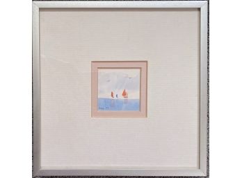 Small Framed Nautical Water Color - Three Boats In Water With Sea Gulls