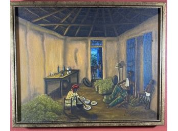 Hatian Hut Interior Scene Painting Oil On Canvas By Roland B. Etienne, 1977