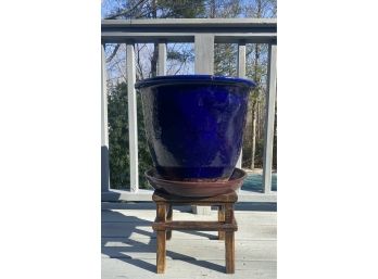 Large Blue Terracotta Ceramic Planter Pot With Brown Dish And Wooden Stand