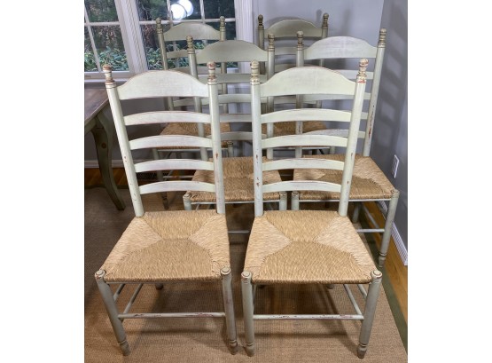 W - 6 Cerulean Green Grey Finish Ladder Back, Rush Seat Dining Chairs From Rumrunner