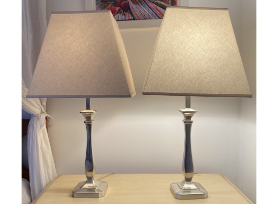 EQ - Pair Of Brushed Chrome With White Linen Table Top Lamps