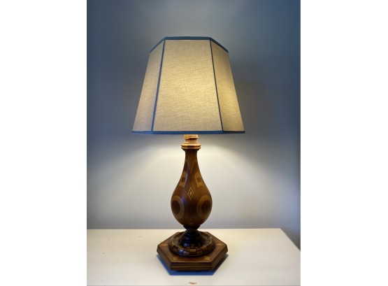 EQ - Wooden Inlay Table Top Lamp With Square White Linen Shade