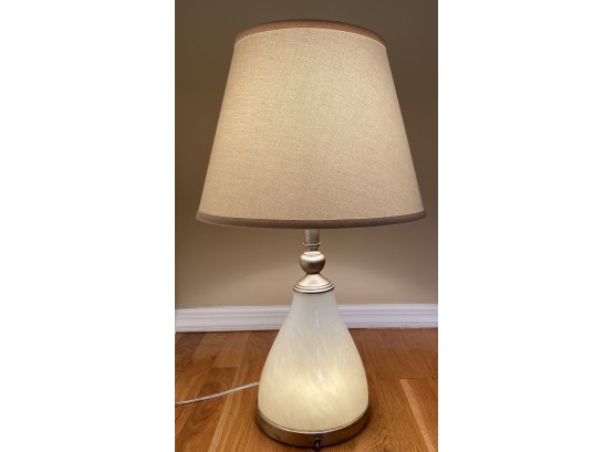 W - White Glass Base Table Lamp With White Linen Shade - Illuminating Base And Top