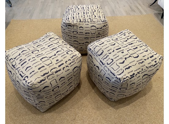 EQ - Three Cube Poufs With Repeating Pattern Of Mustache Styles In Natural And Blue