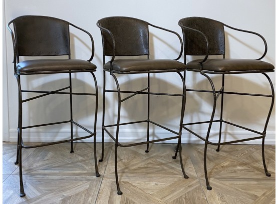 EQ - Three Bent Iron And Leather-like Vinyl Bar Height Stools With Metal Backs