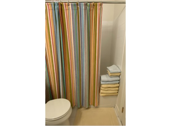 EQ - Restoration Hardware Yellow And Blue Towels, Bath Mat And Pottery Barn Striped Terry Shower Curtain