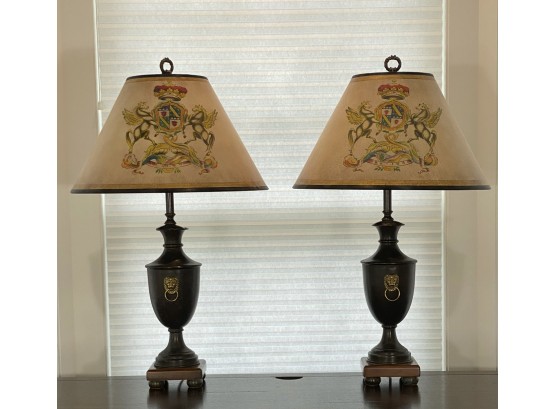 EQ - Pair Of Vintage Metal Urn Lamps With Pegasus Crest And Lion Head Finial And Handles