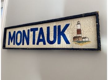 W - Vintage Wooden Hand Painted Montauk Sign With Lighthouse